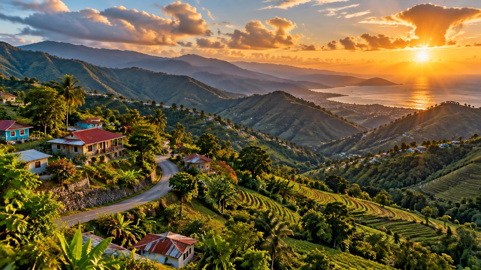 Mòn vèt Ayiti ak ti kay nan solèy kouche